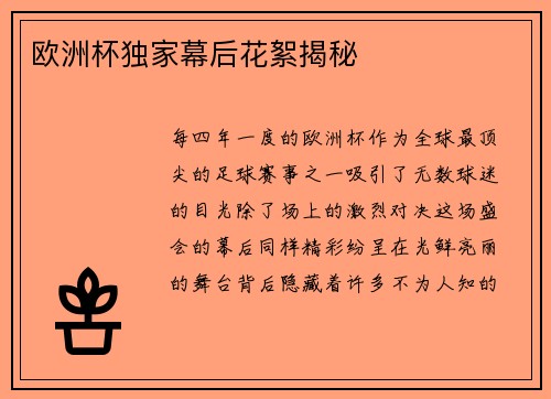 欧洲杯独家幕后花絮揭秘