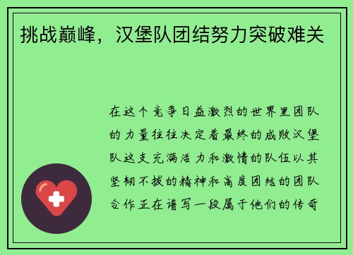 挑战巅峰，汉堡队团结努力突破难关